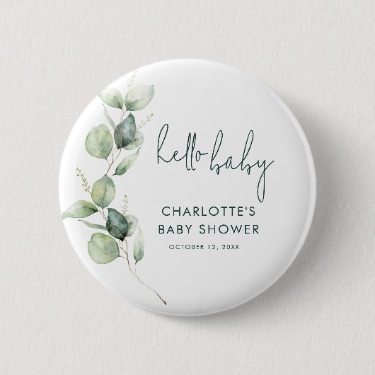 Eucalyptus Greenery Botanical Script Baby shower Ronde Button 5,7 Cm (Voorkant)
