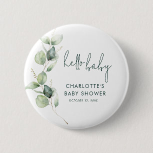 Eucalyptus Greenery Botanical Script Baby shower Ronde Button 5,7 Cm