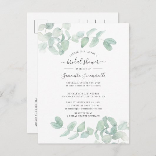 Eucalyptus Greenery Botanical Script Vrijgezellenf Uitnodiging Briefkaart (Voorkant / Achterkant)