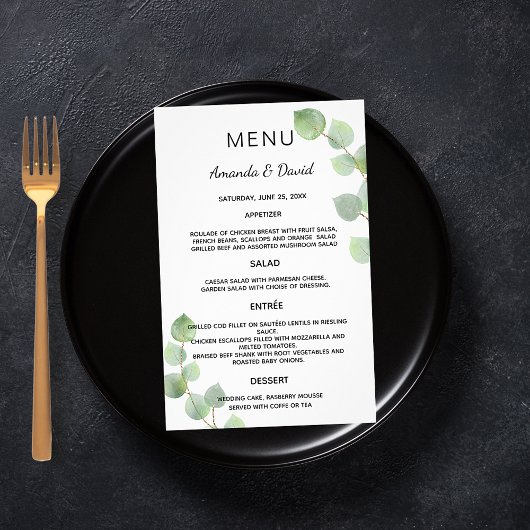 Eucalyptus greenery botanical Wedding Menu