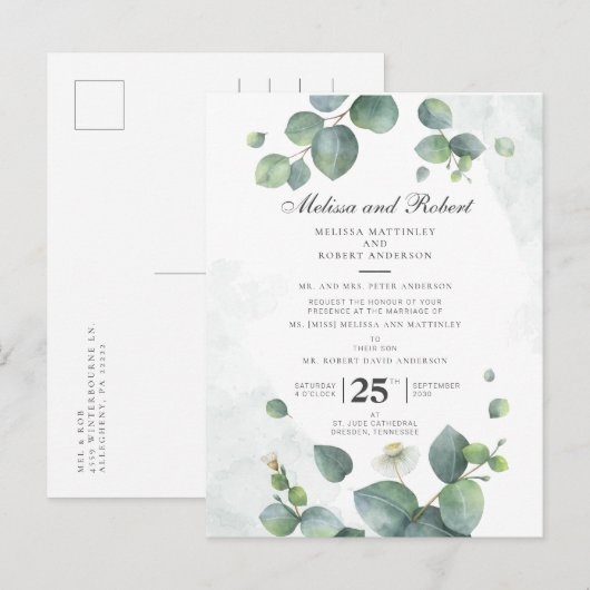 Eucalyptus Greenery Botanical Wedding Uitnodiging Briefkaart (Voorkant / Achterkant)
