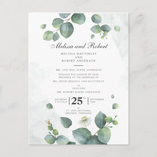Eucalyptus Greenery Botanical Wedding Uitnodiging Briefkaart (Voorkant)