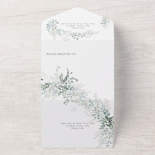 Eucalyptus Greenery Botanische QR Code Huwelijk All In One Uitnodiging (Buitenkant)