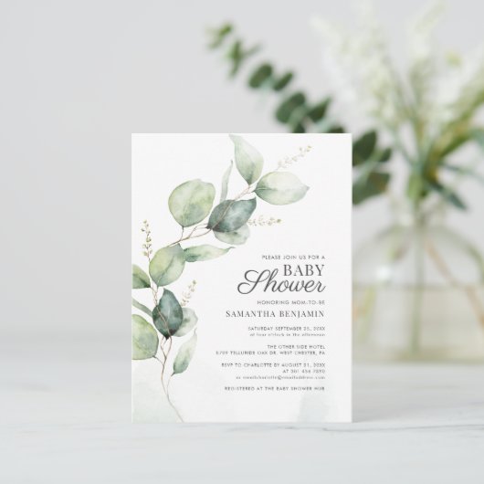 Eucalyptus Greenery Boy Baby shower Uitnodiging Briefkaart (Staand voorkant)