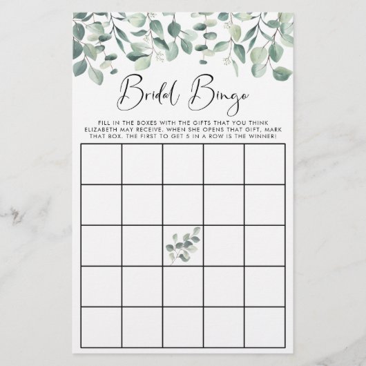 Eucalyptus Greenery Bridal Bingo Shower Game (Voorkant)