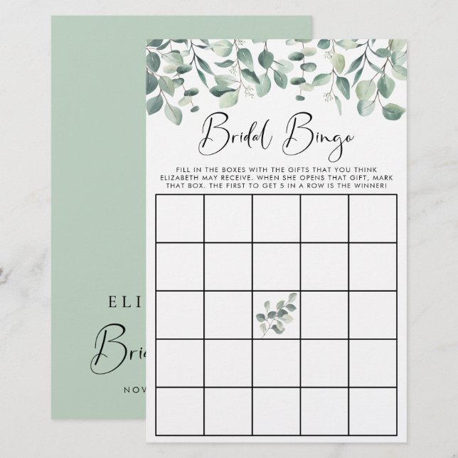 Eucalyptus Greenery Bridal Bingo Shower Game (Voorkant / Achterkant)