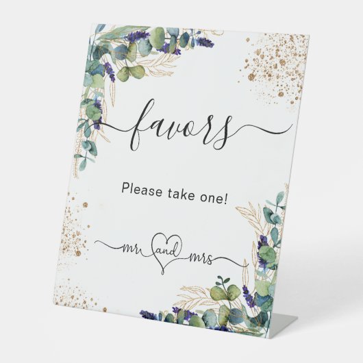 Eucalyptus greenery bruiloft bevoordeelt gasten reclamebord met voetstuk (Voorkant)