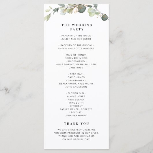 Eucalyptus greenery bruiloft programmakaart (Achterkant)