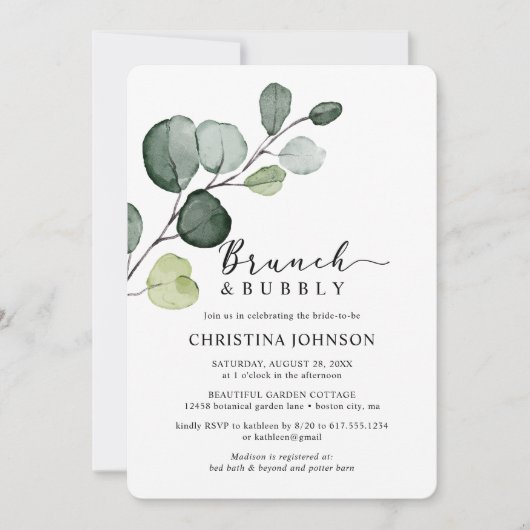 Eucalyptus Greenery Brunch Bubble Vrijgezellenfees Kaart (Voorkant)