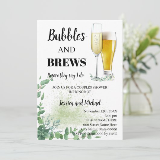 Eucalyptus Greenery Bubble & Brews Couples Shower Kaart (Staand voorkant)