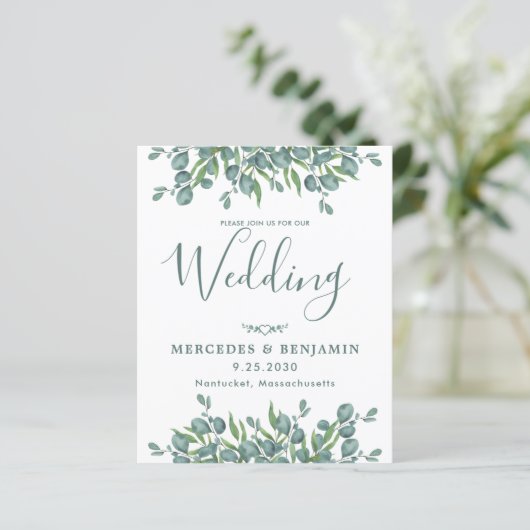 Eucalyptus Greenery Budget QR Code Wedding Uitnodi (Staand voorkant)