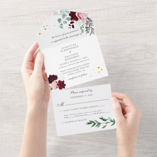 Eucalyptus Greenery Burgundy Floral Rustic Wedding All In One Uitnodiging (Afscheurbaar)