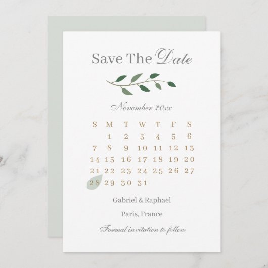 Eucalyptus Greenery Calendar bewaart de datum van  Kaart (Voorkant / Achterkant)