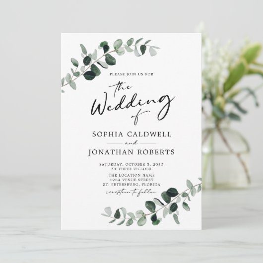 Eucalyptus Greenery Calligrafie QR Code Weddenscha Kaart (Staand voorkant)