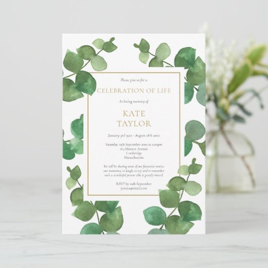 Eucalyptus Greenery Celebration of Life Funeral Kaart (Staand voorkant)
