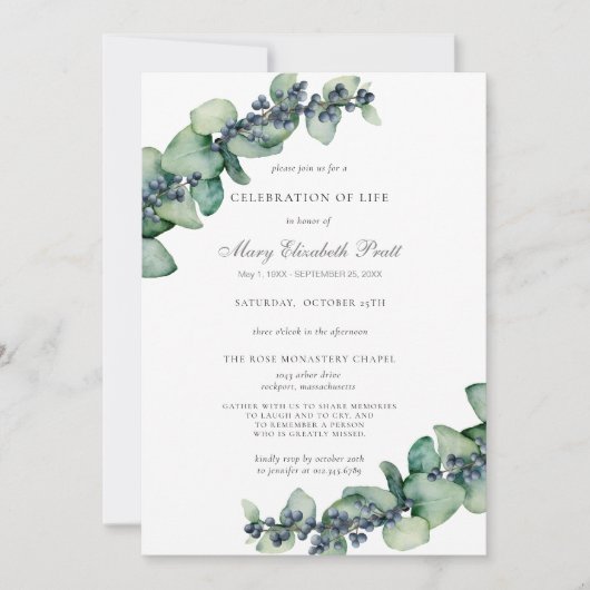 Eucalyptus Greenery Celebration of Life Kaart (Voorkant)