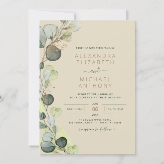 Eucalyptus Greenery Champagne Beige Gold Wedding Kaart (Voorkant)