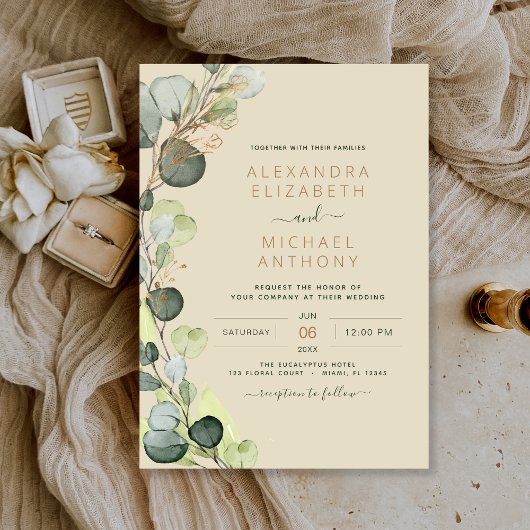 Eucalyptus Greenery Champagne Beige Gold Wedding Kaart