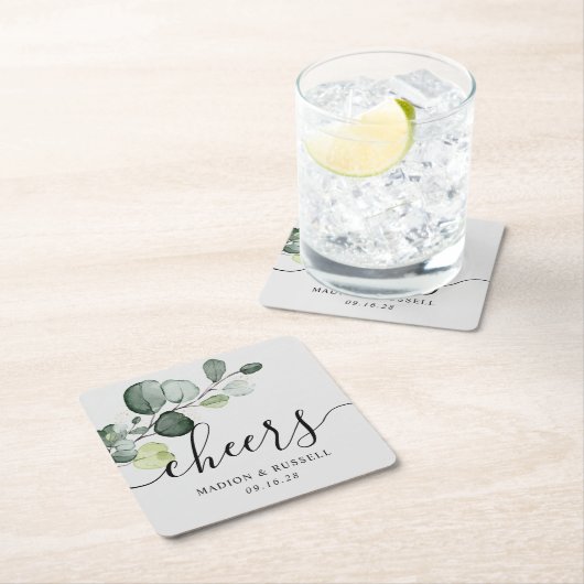 Eucalyptus Greenery Cheers Wedding Favor Kartonnen Onderzetters (Insitu)