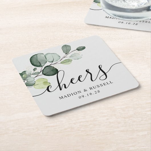 Eucalyptus Greenery Cheers Wedding Favor Kartonnen Onderzetters (Schuin)