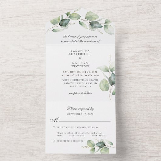 Eucalyptus Greenery Chic Botanical Wedding All In One Uitnodiging (Binnen)