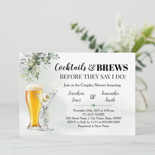 Eucalyptus Greenery Cocktails & Brews Shower Invit Kaart (Staand voorkant)