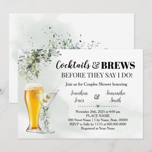 Eucalyptus Greenery Cocktails & Brews Shower Invit Kaart (Voorkant / Achterkant)