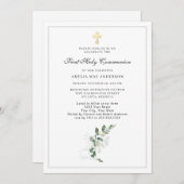 Eucalyptus Greenery Cross First Heilige Communie Kaart (Voorkant / Achterkant)