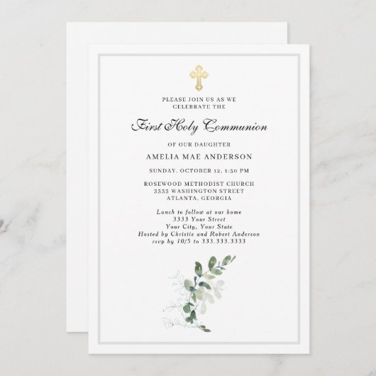 Eucalyptus Greenery Cross First Heilige Communie Kaart (Voorkant / Achterkant)