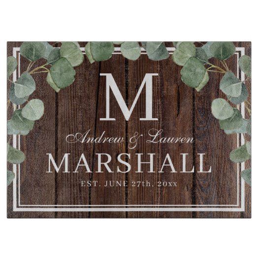 Eucalyptus Greenery Dark Wood Couple Weddenschap G Snijplank (Voorkant)