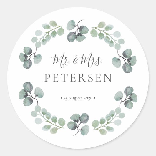 Eucalyptus greenery de heer en mevrouw name bruilo ronde sticker (Voorkant)