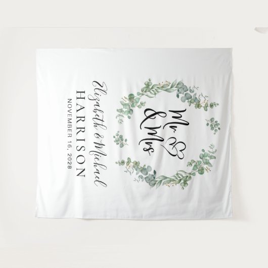 Eucalyptus Greenery de heer Mrs Wedding Photo Boot Wandkleed (Voorkant (horizontaal))