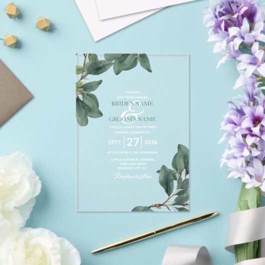 Eucalyptus Greenery Duidelijke Transparante Huweli Acryl Uitnodigingen (Insitu (Huwelijk))