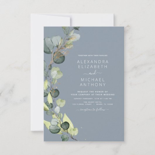 Eucalyptus Greenery Dusty Blue Elegant Wedding Kaart (Voorkant)