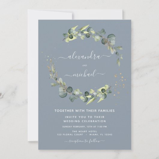 Eucalyptus Greenery Dusty Blue Elegant Wedding Kaart (Voorkant)