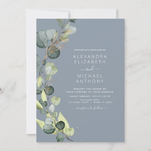 Eucalyptus Greenery Dusty Blue Elegant Wedding Kaart (Voorkant)
