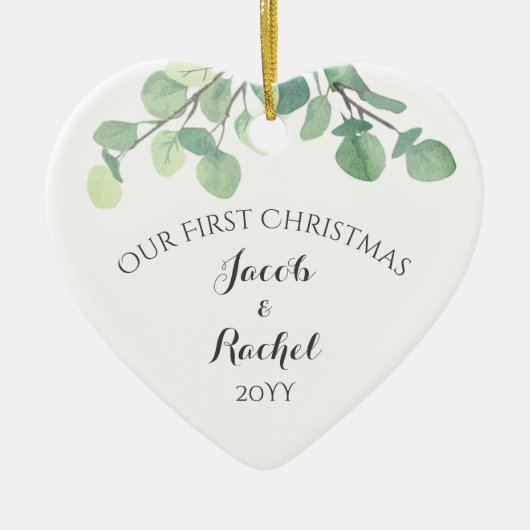 Eucalyptus Greenery Eerste Kerstfeest Gehuwd Keramisch Ornament (Voorkant)