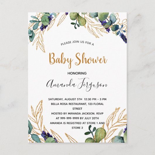 Eucalyptus greenery elegant baby shower-uitnodigin briefkaart (Voorkant)