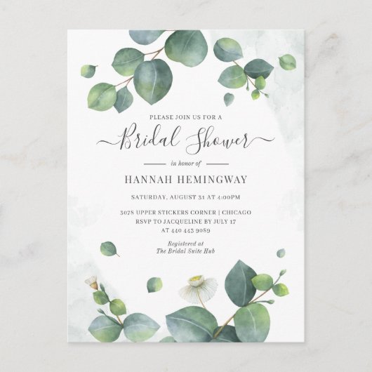 Eucalyptus Greenery Elegant Blush Vrijgezellenfees Uitnodiging Briefkaart (Voorkant)