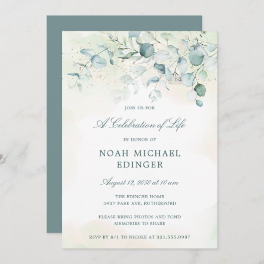 Eucalyptus Greenery Elegant Celebration of Life Kaart (Voorkant / Achterkant)