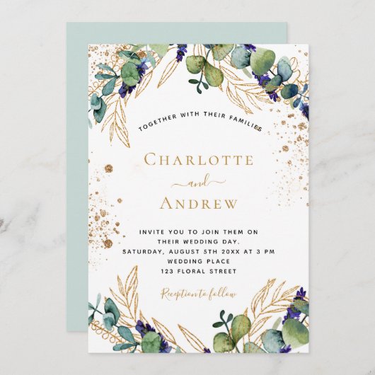 Eucalyptus greenery elegant glitter bruiloft kaart (Voorkant / Achterkant)