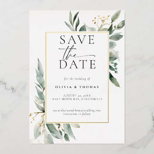Eucalyptus Greenery Elegant Gold Wedding Save Datu Folie Uitnodiging (Voorkant)