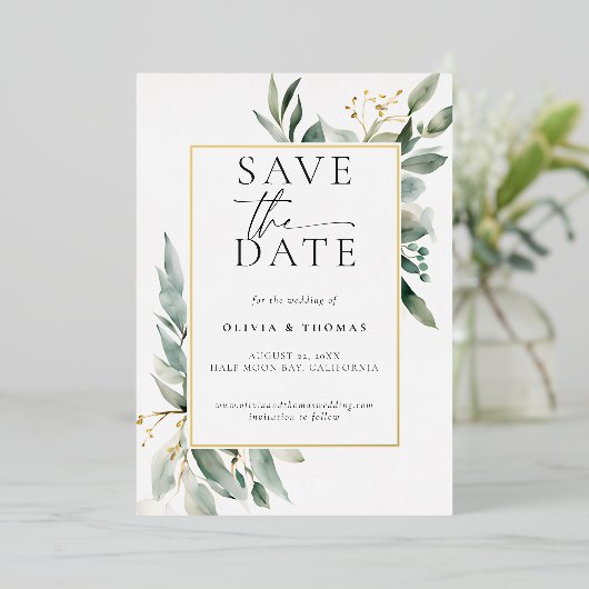 Eucalyptus Greenery Elegant Gold Wedding Save Datu Folie Uitnodiging (Staand Voorkant)