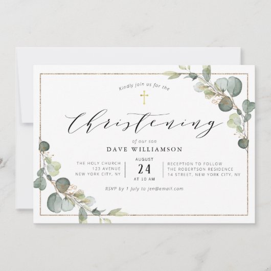 eucalyptus greenery elegant lijst christening kaart (Voorkant)