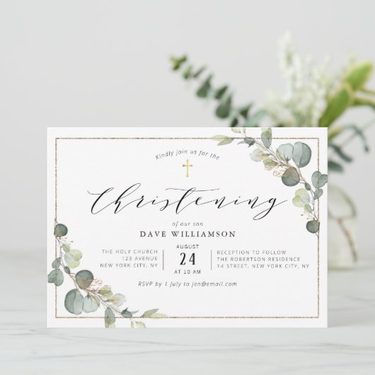 eucalyptus greenery elegant lijst christening kaart (Staand voorkant)
