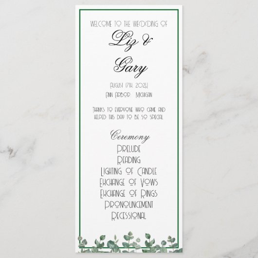 Eucalyptus Greenery Elegant minimalistisch program Programmakaart (Voorkant)