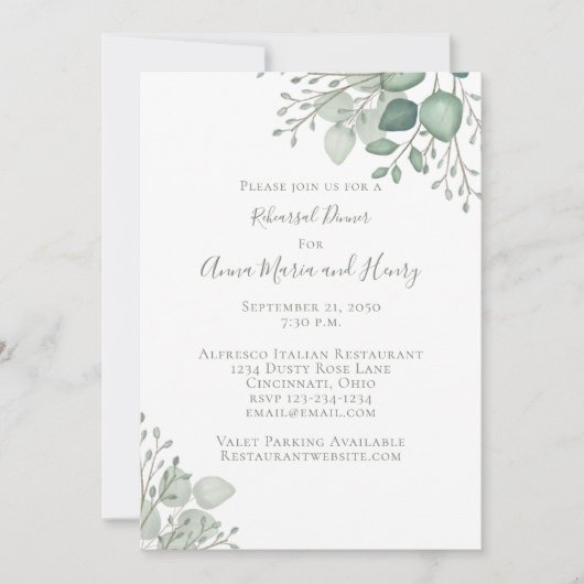 Eucalyptus Greenery Elegant Rehearsal Dinner Kaart (Voorkant)