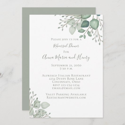 Eucalyptus Greenery Elegant Rehearsal Dinner Kaart (Voorkant / Achterkant)