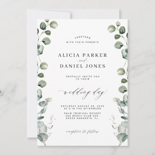 Eucalyptus greenery elegant script bruiloft kaart (Voorkant)