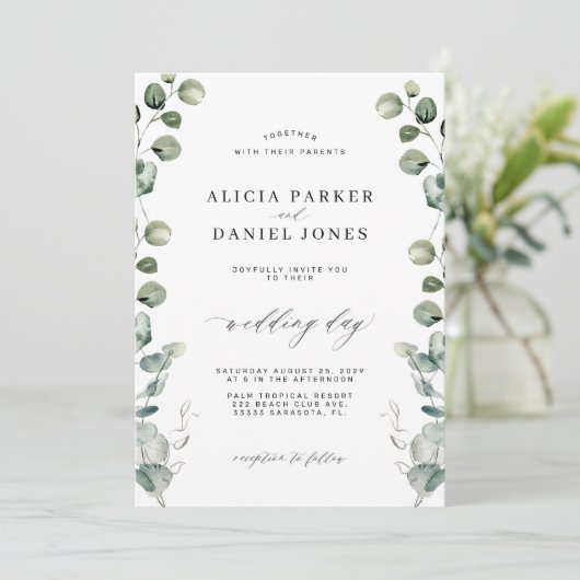 Eucalyptus greenery elegant script bruiloft kaart (Staand voorkant)